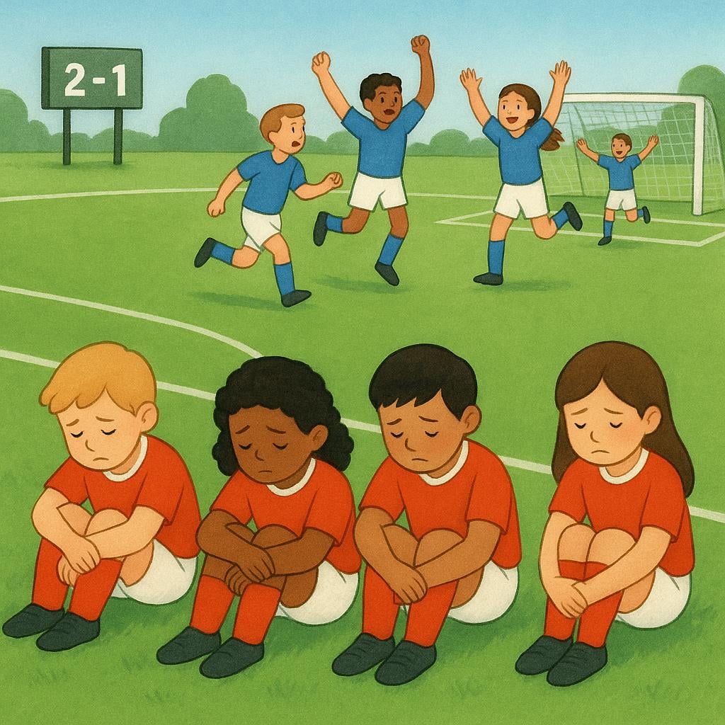 A high quality simple colorful storybook illustration showing one sports team looking sad and sitting down on a field, while the opposing team celebrates a victory in the background.