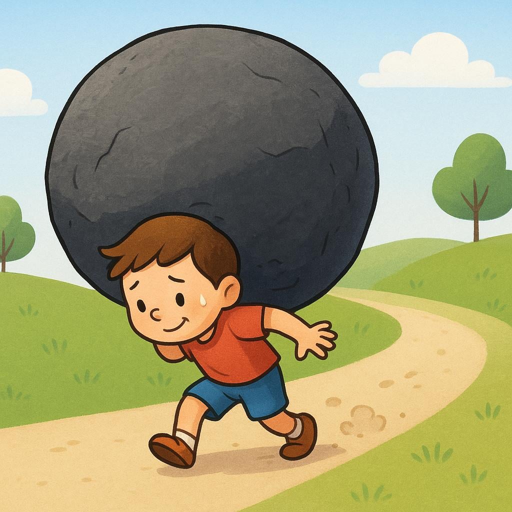 A small figure struggling slightly while carrying a disproportionately large, heavy gray boulder on their back, symbolizing consequences.