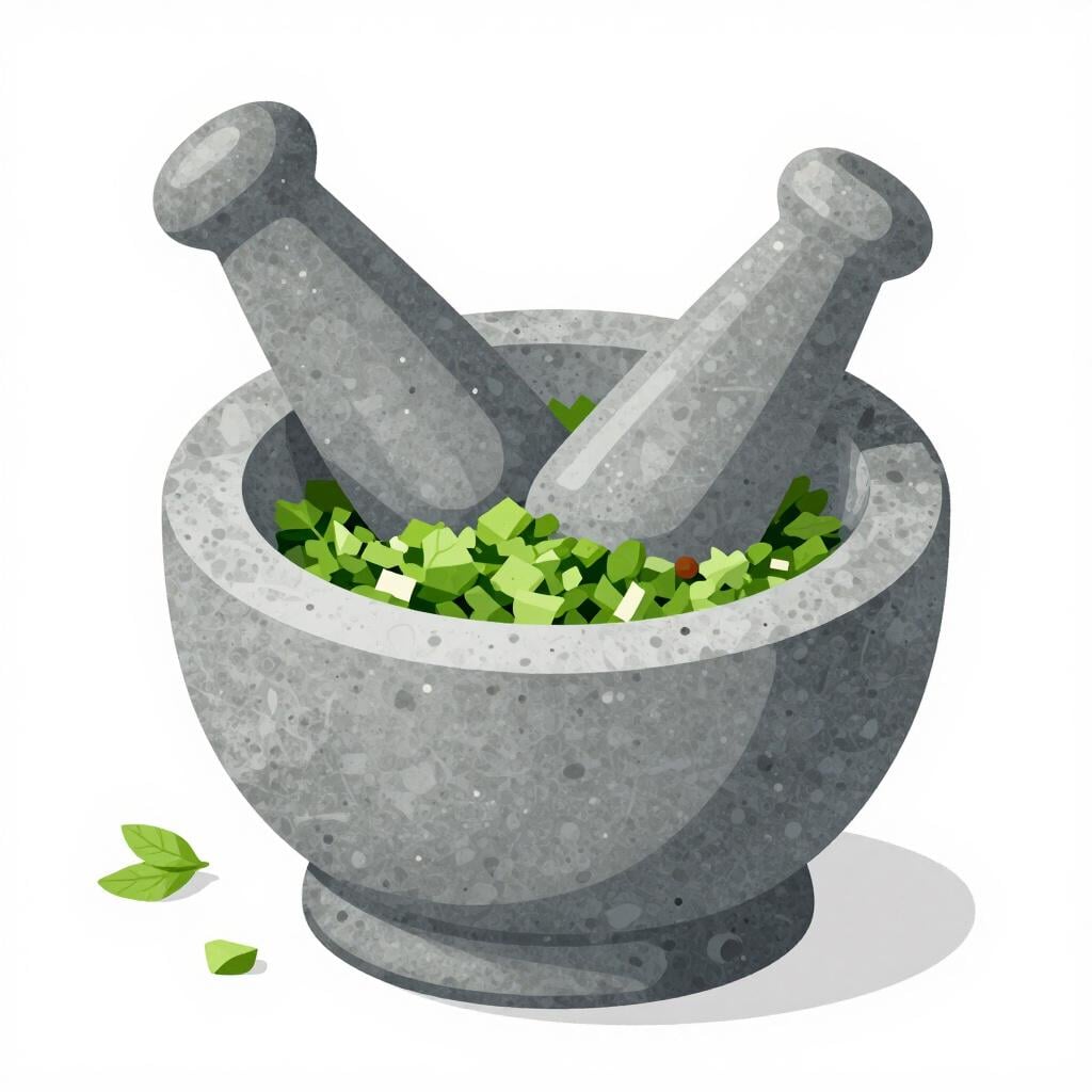 Un mortier et pilon traditionnels avec des épices écrasées à l'intérieur.