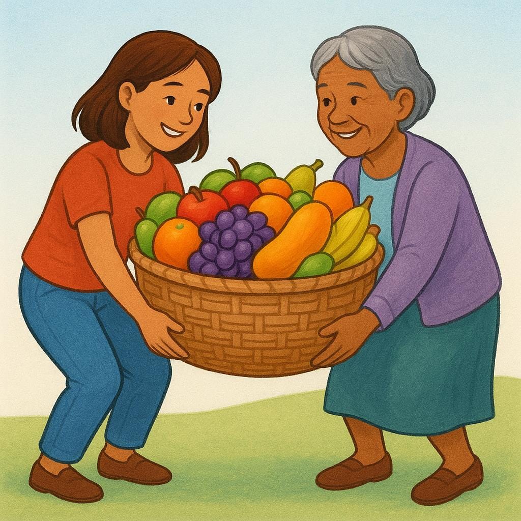 Een kleurrijke illustratie die twee vrouwen toont die samenwerken om een zware geweven mand vol kleurrijk fruit op te tillen, wat de daad van wederzijdse hulp demonstreert.
