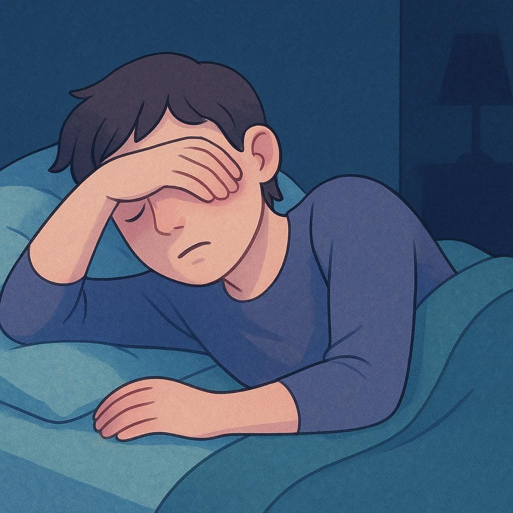 A person lying in a dark room, covering their eyes with an arm, looking pale and unwell, indicating a headache or nausea.