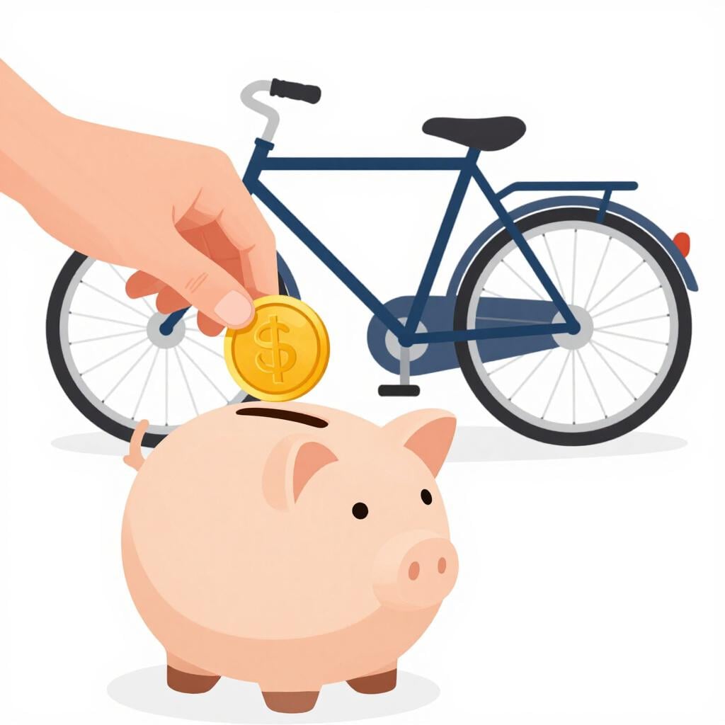 A hand placing a single gold coin into a small piggy bank next to a new bicycle.