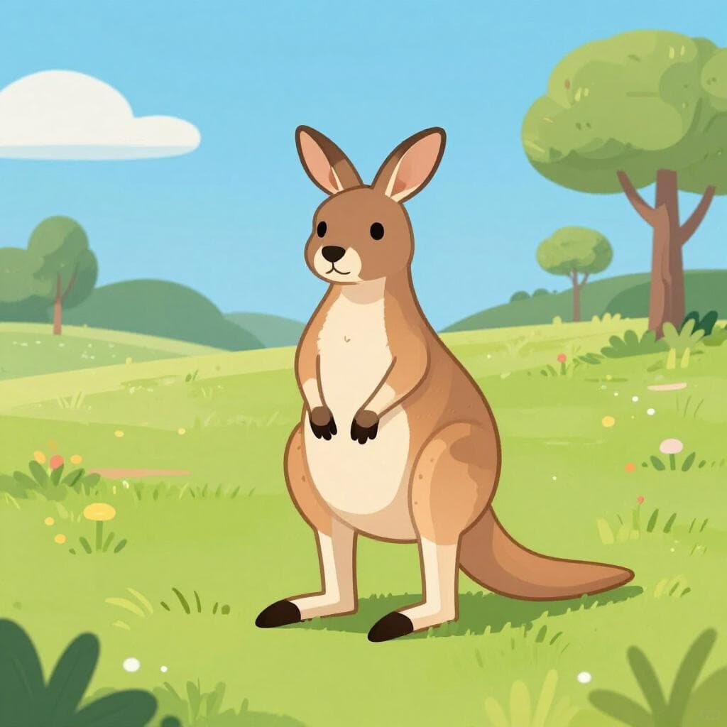 Un canguro sorridente in piedi in un prato soleggiato sotto un cielo azzurro brillante.