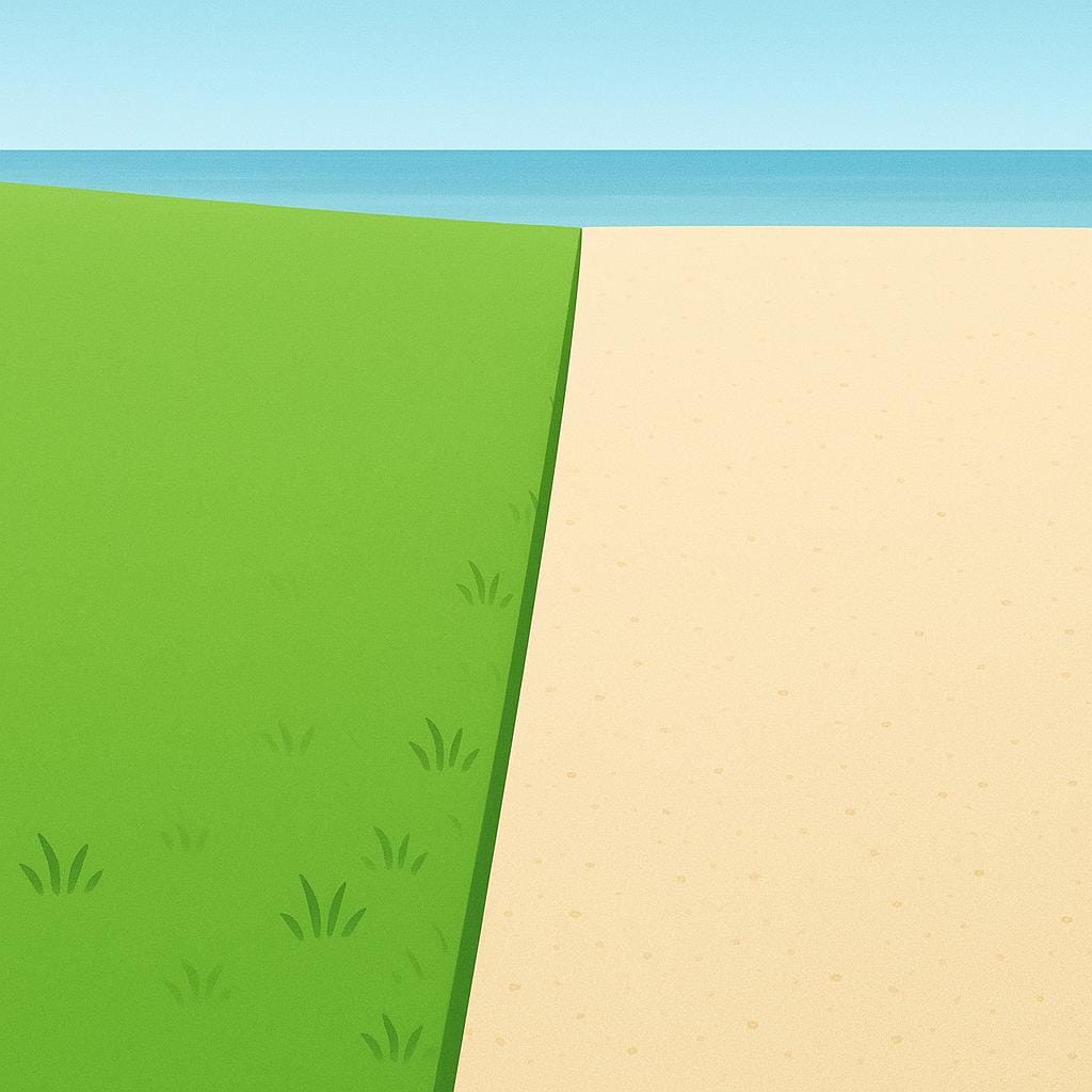 A simple colorful illustration showing a clear, distinct boundary where a grassy field meets a sandy beach, emphasizing the line where one surface ends and the other begins.