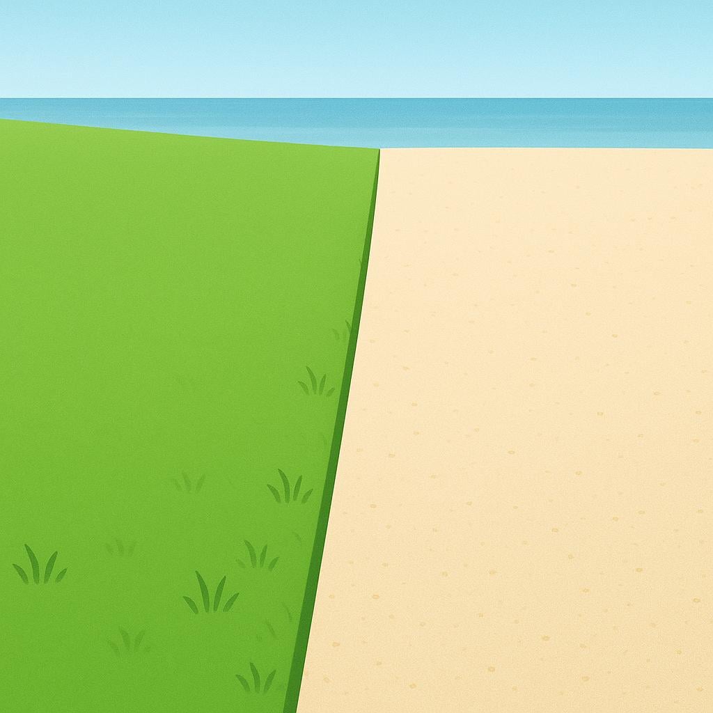 A simple colorful illustration showing a clear, distinct boundary where a grassy field meets a sandy beach, emphasizing the line where one surface ends and the other begins.