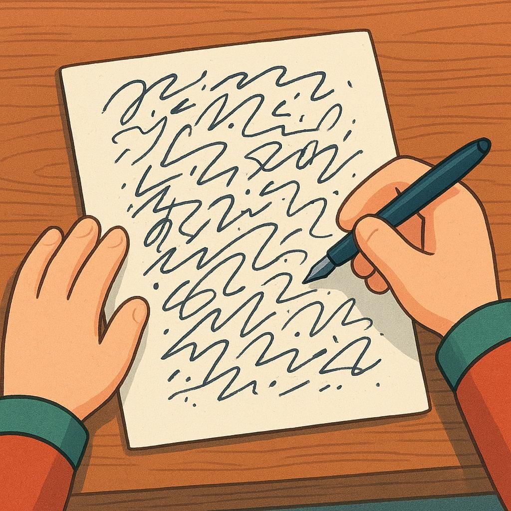 A simple colorful storybook illustration showing a character's hands resting on a wooden desk. A pen is held loosely in one hand, positioned above a sheet of paper that is covered in finished lines of ink, symbolizing that the writing is complete.