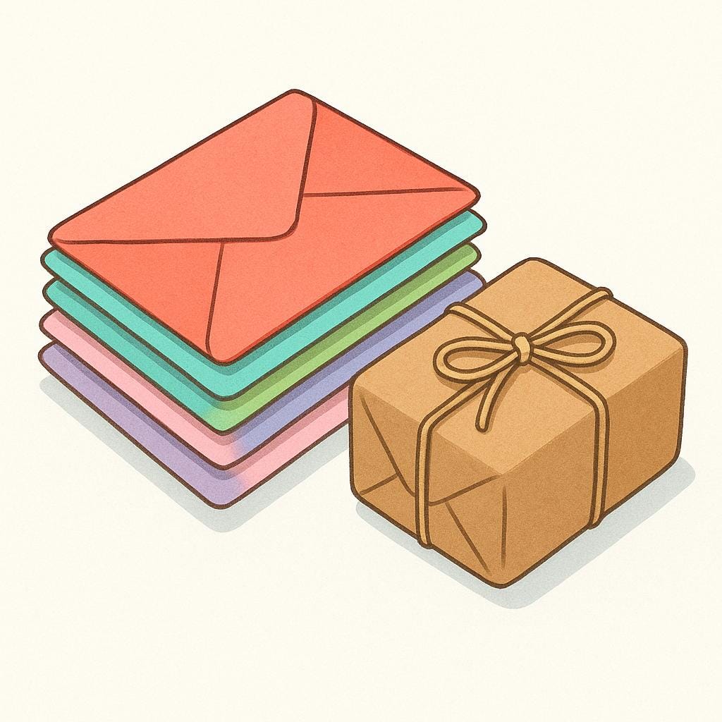 A stack of colorful letters and a small brown package tied with twine, representing physical mail.