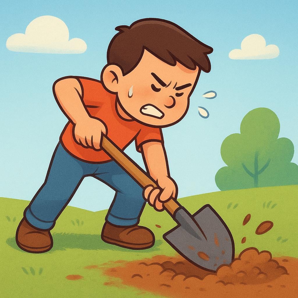 A simple storybook illustration of a person straining while digging vigorously into brown soil with a silver shovel, representing hard work or toil.