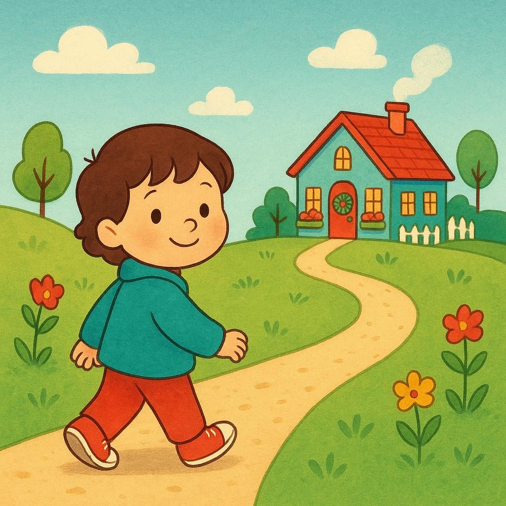 A small child is walking along a path directly toward a brightly colored house, symbolizing the act of returning home.