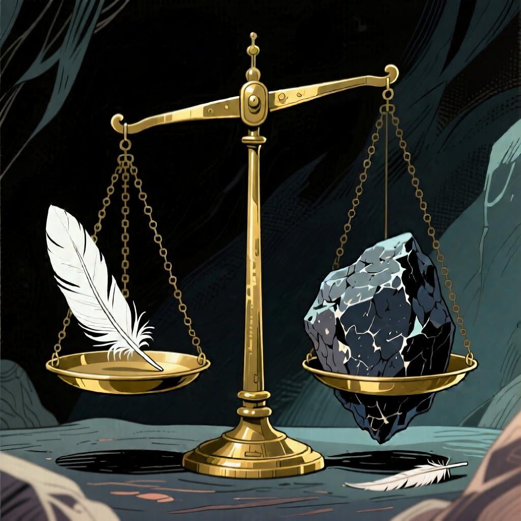 A set of balanced scales, with a single white feather on one side and a heavy, dark rock on the other. The scale is tipped down on the feather's side, symbolizing that truth has more weight.