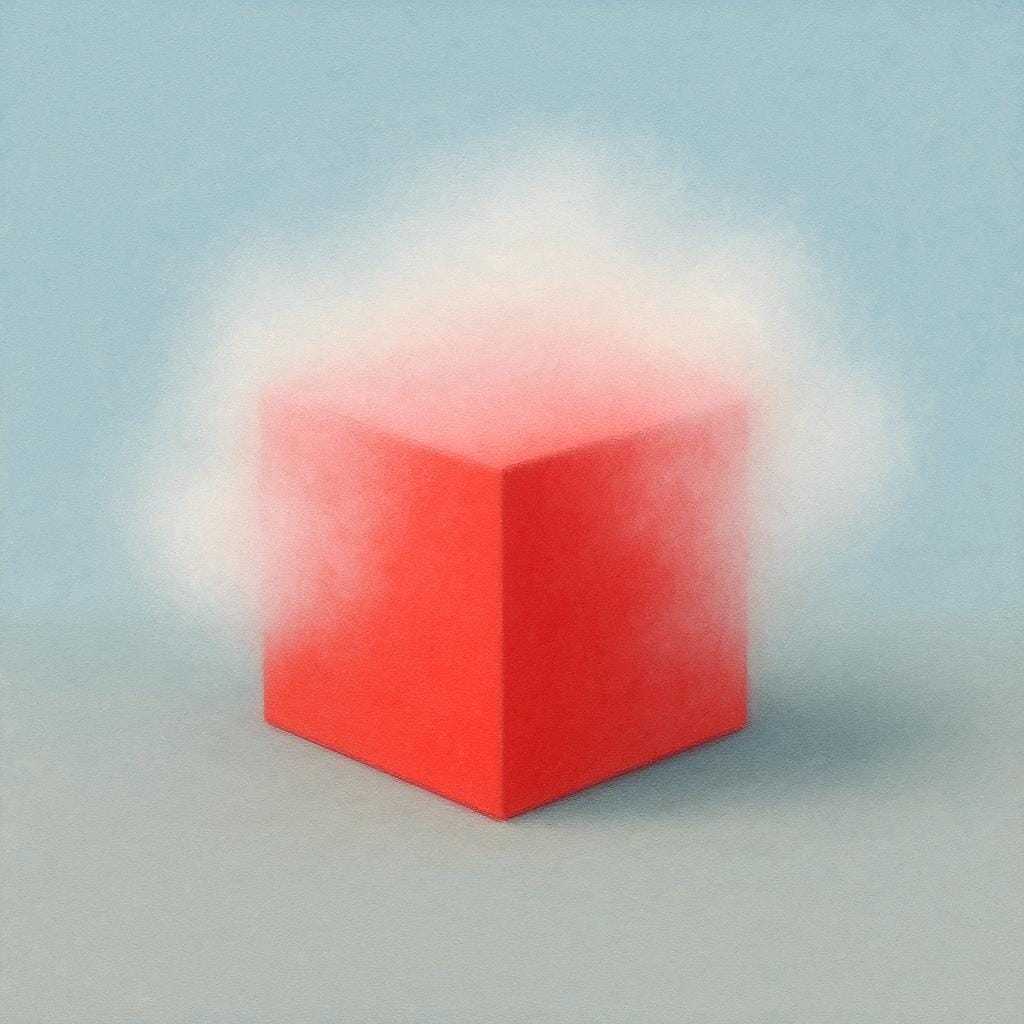 A simple red cube is partially hidden by a soft white mist, making its shape and appearance uncertain.