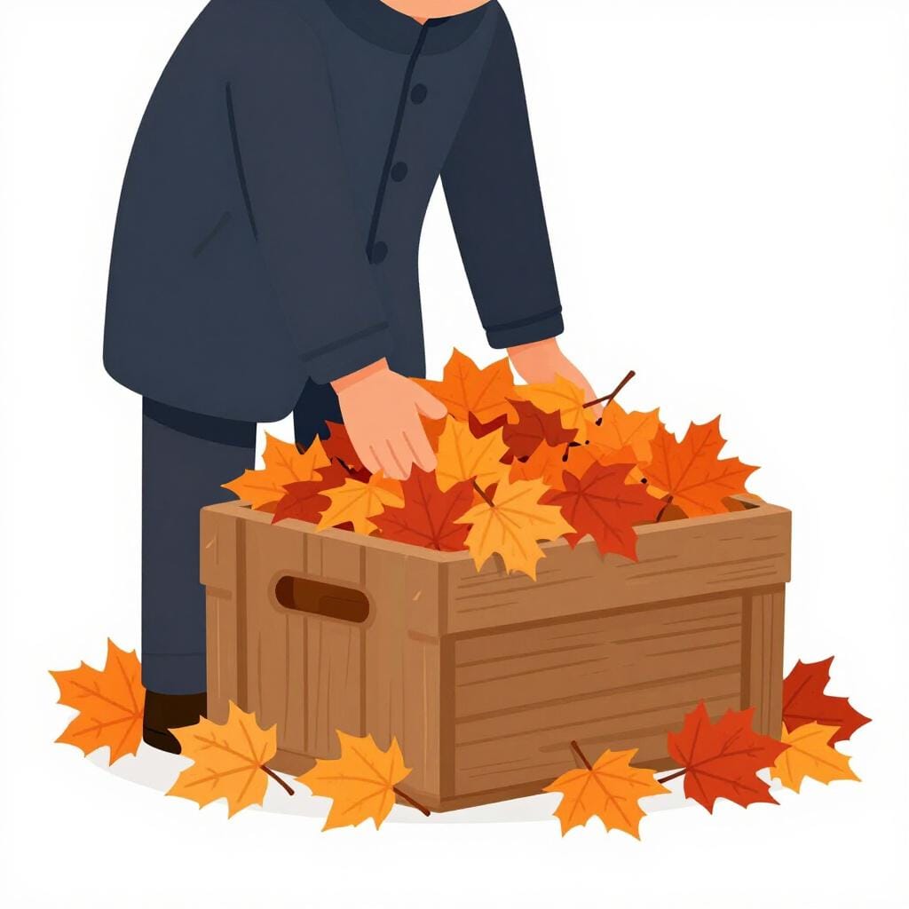 Uma pessoa em um casaco escuro colocando uma grande pilha de folhas de outono sobre uma misteriosa caixa de madeira para escondê-la.