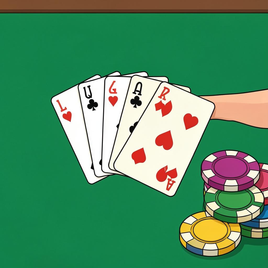 A close-up of a person's hand holding five playing cards fanned out on a green felt table.