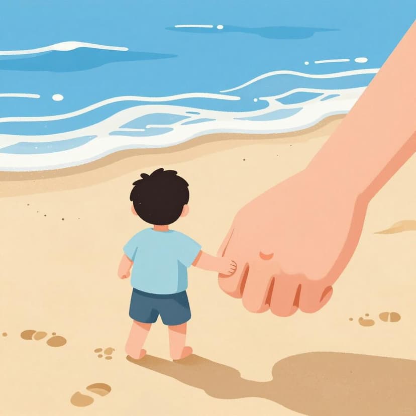 A small child being led by the hand by an adult along a beach.