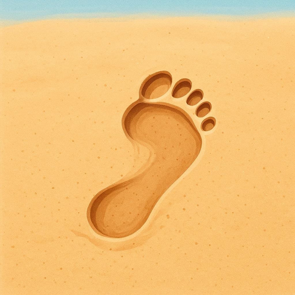 Ein tiefer, klarer Abdruck eines einzelnen menschlichen Fußes, der in weichem, hellbraunem Sand hinterlassen wurde.