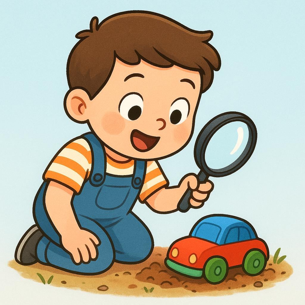A simple colorful storybook illustration of a child looking surprised and delighted, holding a magnifying glass over a newly discovered, brightly colored toy they just uncovered from the dirt.