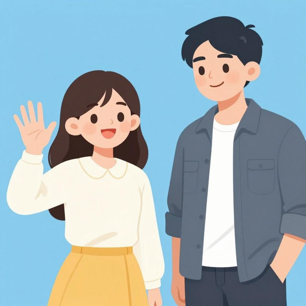 A young woman waving and smiling toward a man who is standing a short distance away, emphasizing the direct interaction between two people.