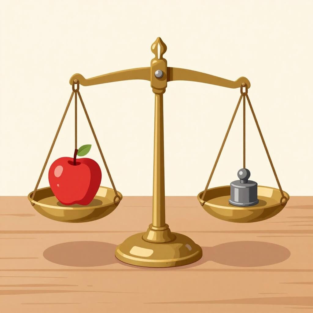 Uma balança clássica de latão com duas bandejas suspensas, uma segurando uma maçã vermelha e a outra um pequeno peso de metal.