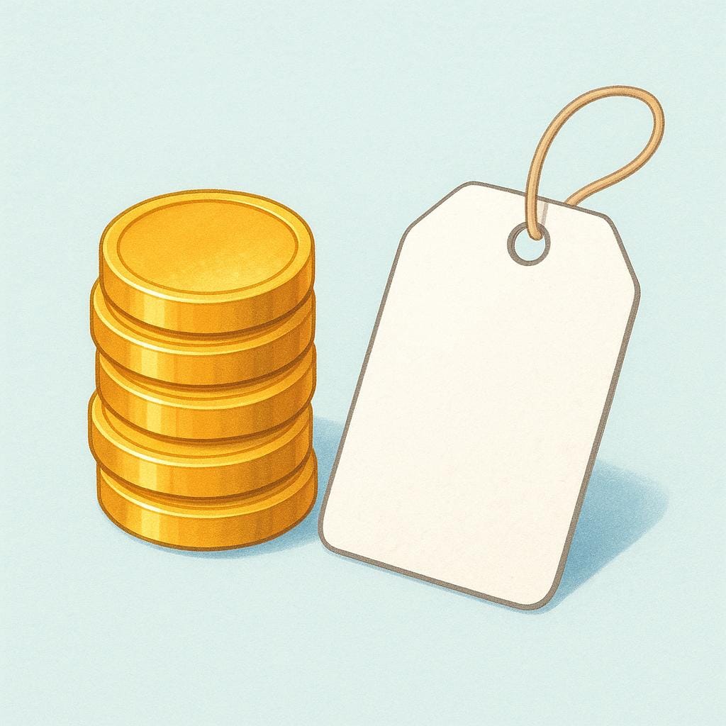 A small, neat stack of shiny gold coins resting beside a simple white price tag, symbolizing monetary value.