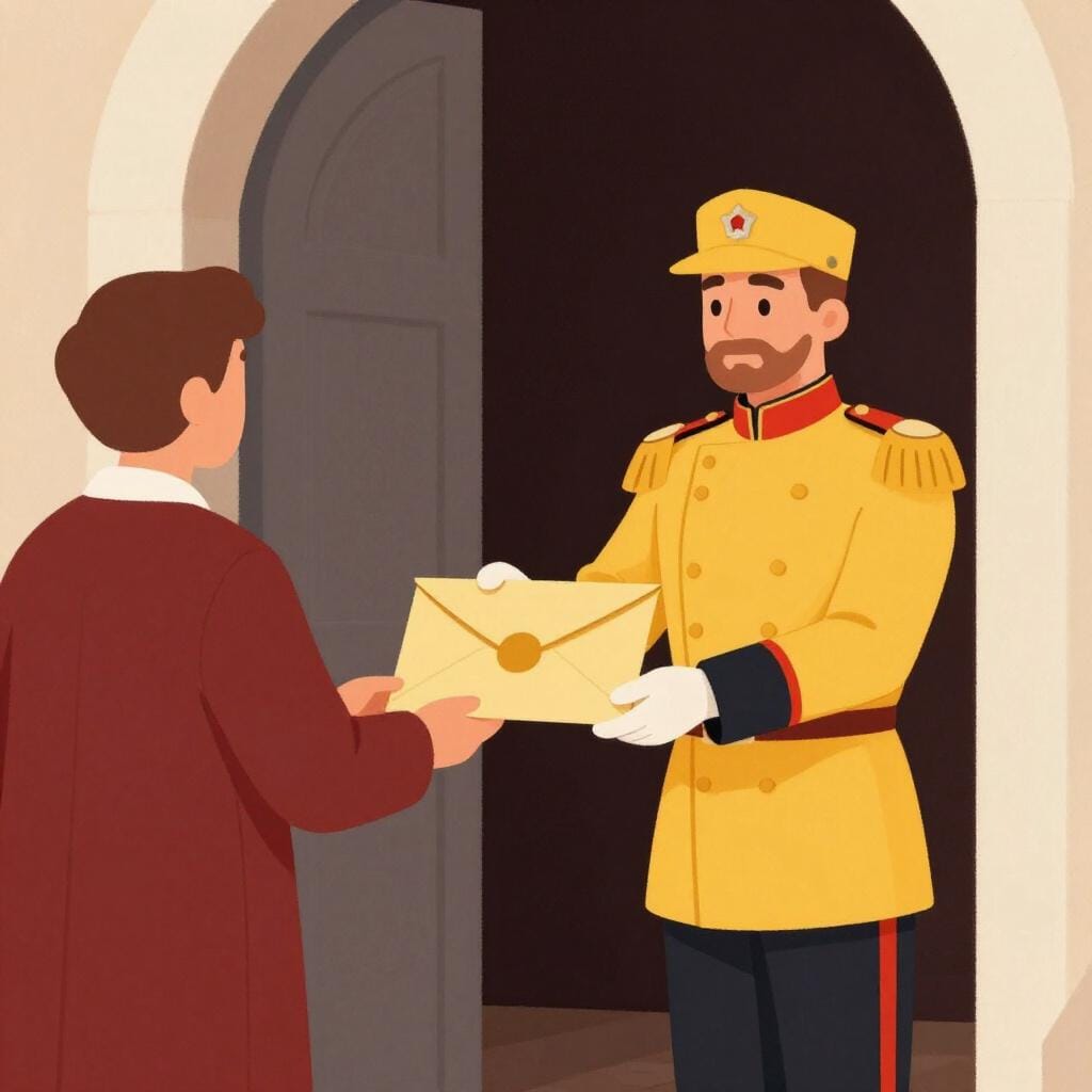 Een formele bode in uniform overhandigt een officiële verzegelde envelop aan een persoon aan de deur.