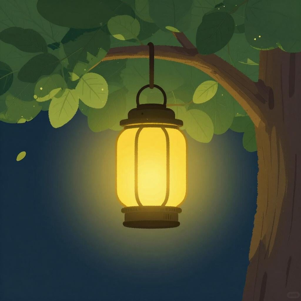 A bright lantern glowing in a dark forest, casting a warm yellow light on the nearby trees.