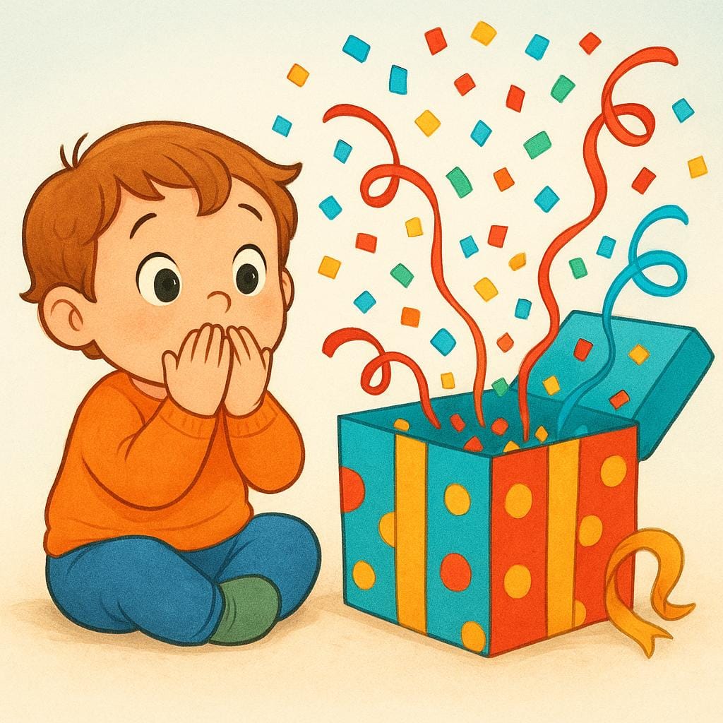A small child with wide eyes and hands covering their mouth, showing a look of astonishment while sitting next to a large, open, brightly colored gift box.