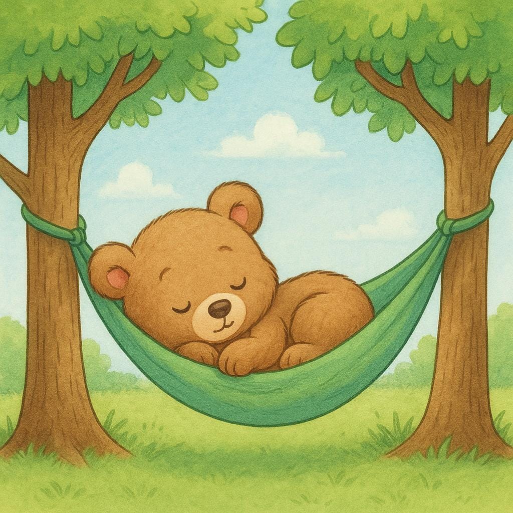 A high quality storybook illustration of a small bear cub sleeping peacefully in a green hammock strung between two trees, representing taking a break.