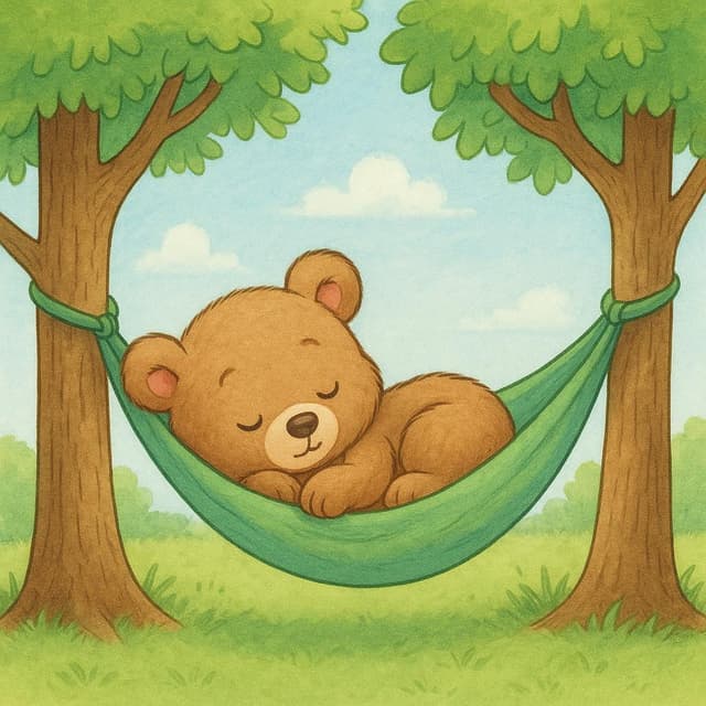 Eine hochwertige Bilderbuchillustration eines kleinen Bärenjungen, der friedlich in einer grünen Hängematte zwischen zwei Bäumen schläft und eine Pause darstellt.