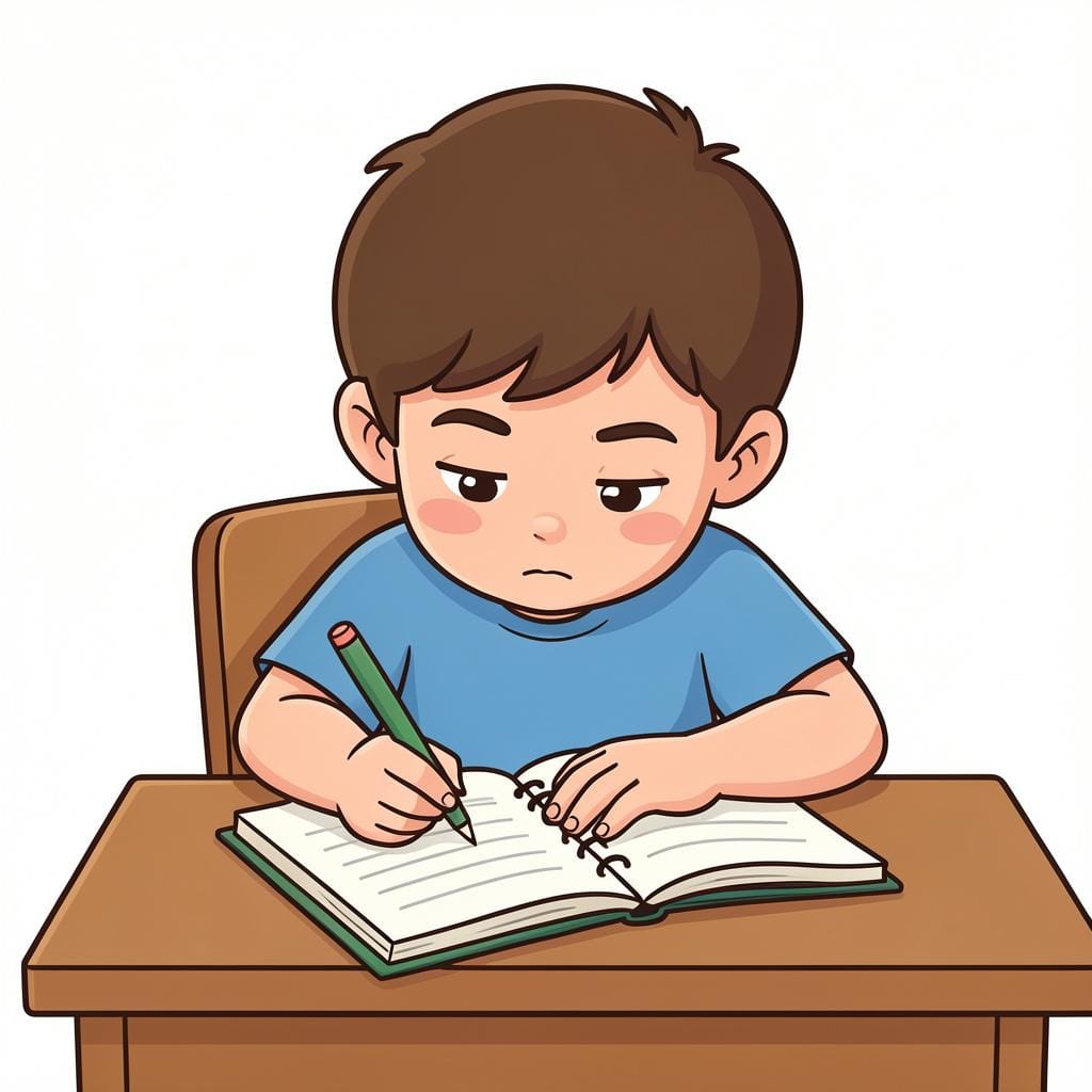 A student sitting at a desk, focused and writing intently in a notebook with a stack of books nearby.