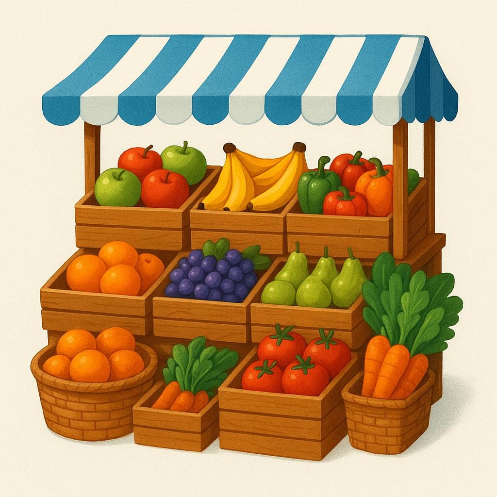 An outdoor market stall piled high with fresh, colorful produce, including red apples and green leafy vegetables.