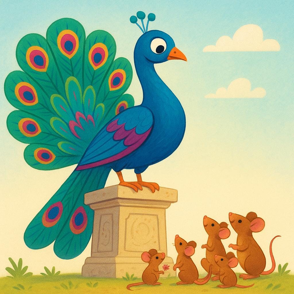 A proud, flamboyant peacock sitting high on a pedestal, looking down condescendingly at several tiny, admiring field mice below, depicting vanity.