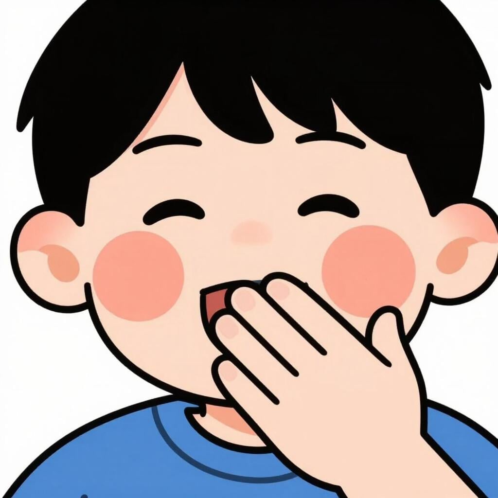 A person blushing and laughing while covering their mouth with their hand.