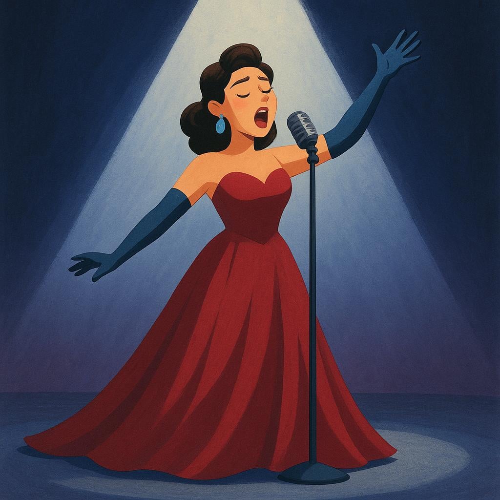 A colorful illustration of a woman in an elaborate gown singing dramatically on a dark stage, representing an opera performance.