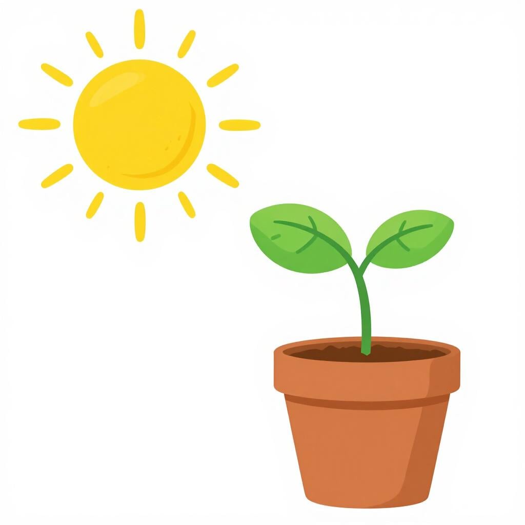 A small plant leaning significantly towards a bright sun in the corner.