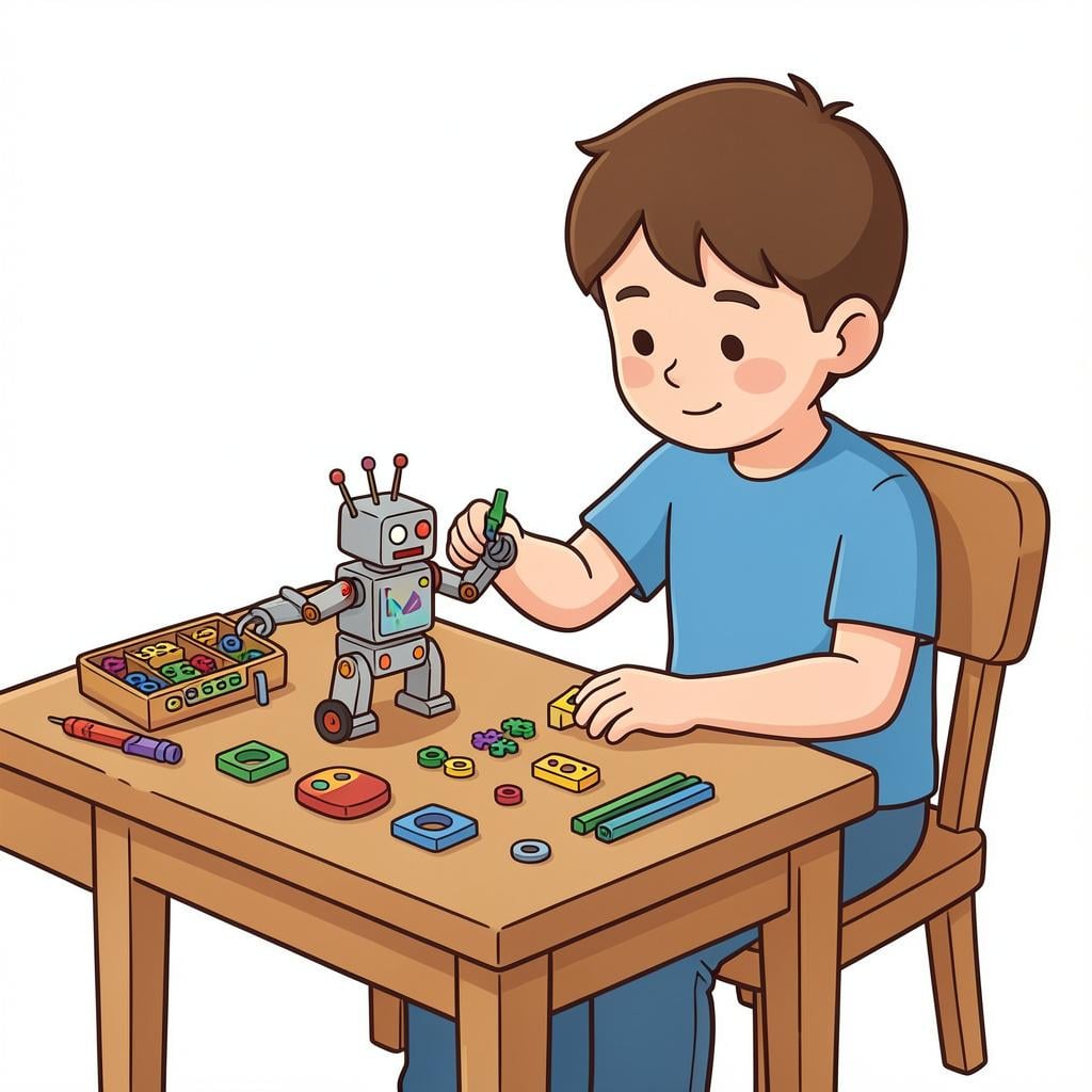 A person at a wooden workbench assembling a small toy robot with various colorful parts.
