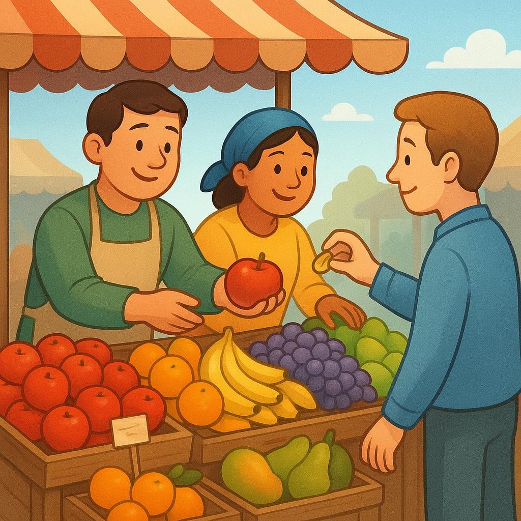 Two smiling vendors stand behind a vibrant wooden market stall loaded with colorful fruits, exchanging a large red apple for a small silver coin with a customer.