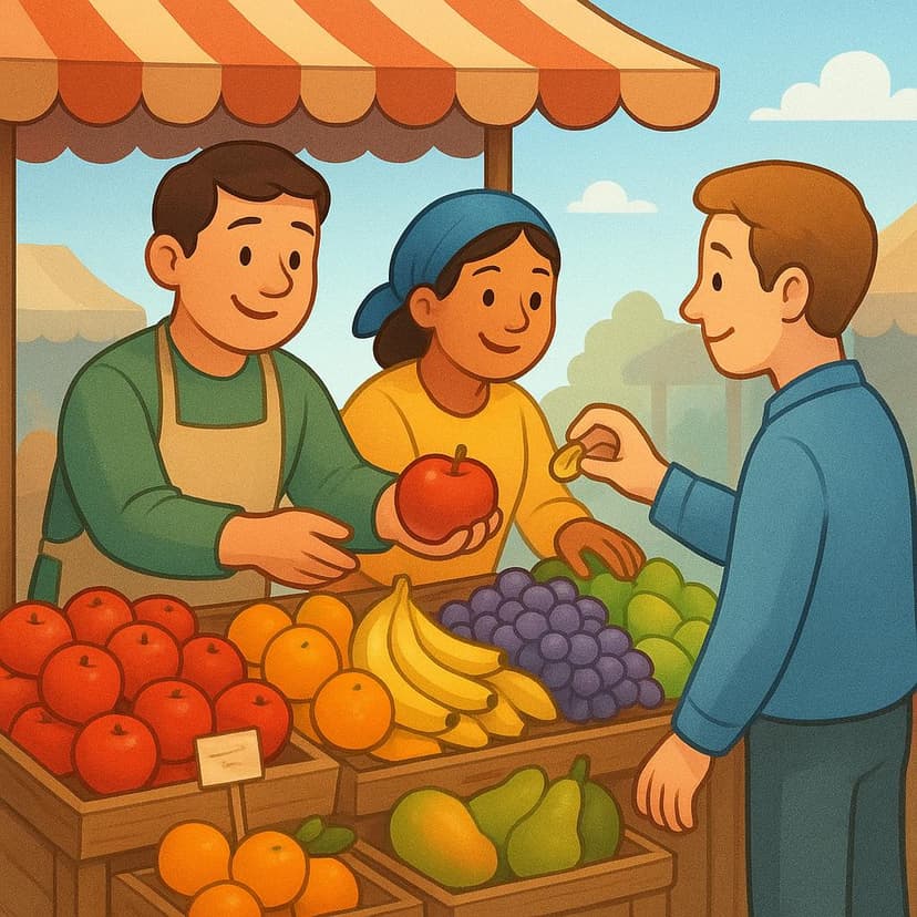 Two smiling vendors stand behind a vibrant wooden market stall loaded with colorful fruits, exchanging a large red apple for a small silver coin with a customer.