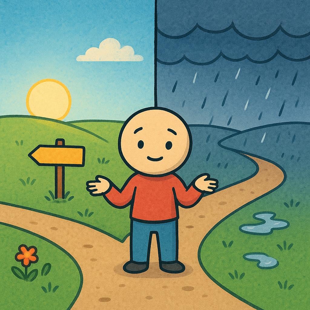 A small figure stands at a fork in a winding path, shrugging their shoulders, indicating uncertainty about which direction to take. One path leads toward a bright sun, and the other leads toward dark rain clouds.