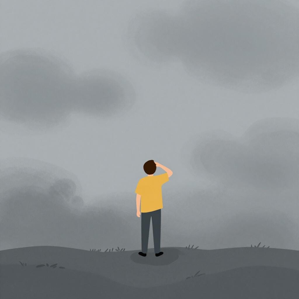 A person standing in a thick grey fog, looking around with a confused expression.