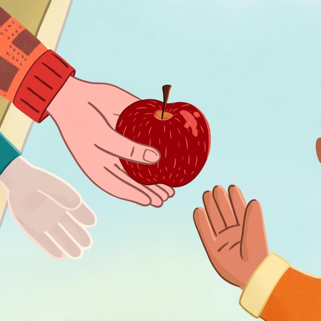 A friendly adult handing a bright red apple to a child, illustrating the command to take something.