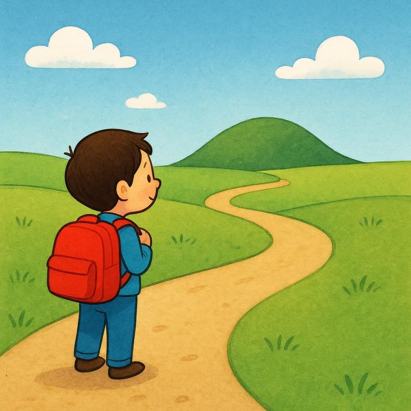 Eine einfache, stilisierte Kinderbuchillustration eines kleinen Kindes, das auf einem gewundenen Feldweg steht, einen roten Rucksack trägt und erwartungsvoll auf einen fernen grünen Hügel blickt, was die durch 'irás' implizierte Reiseabsicht visualisiert.