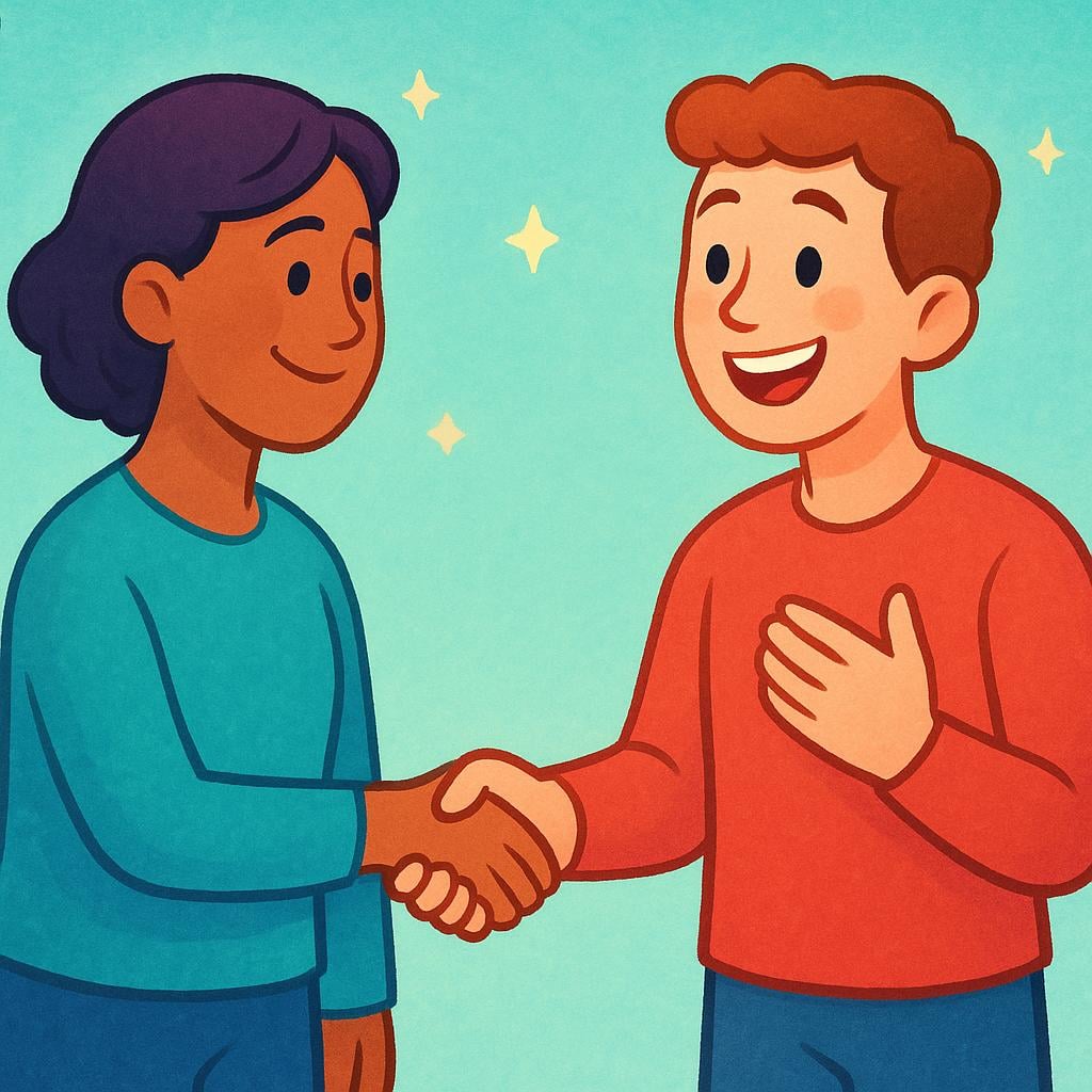A joyful illustration of two people meeting, where one person is clearly impressed and delighted by the other after shaking hands.