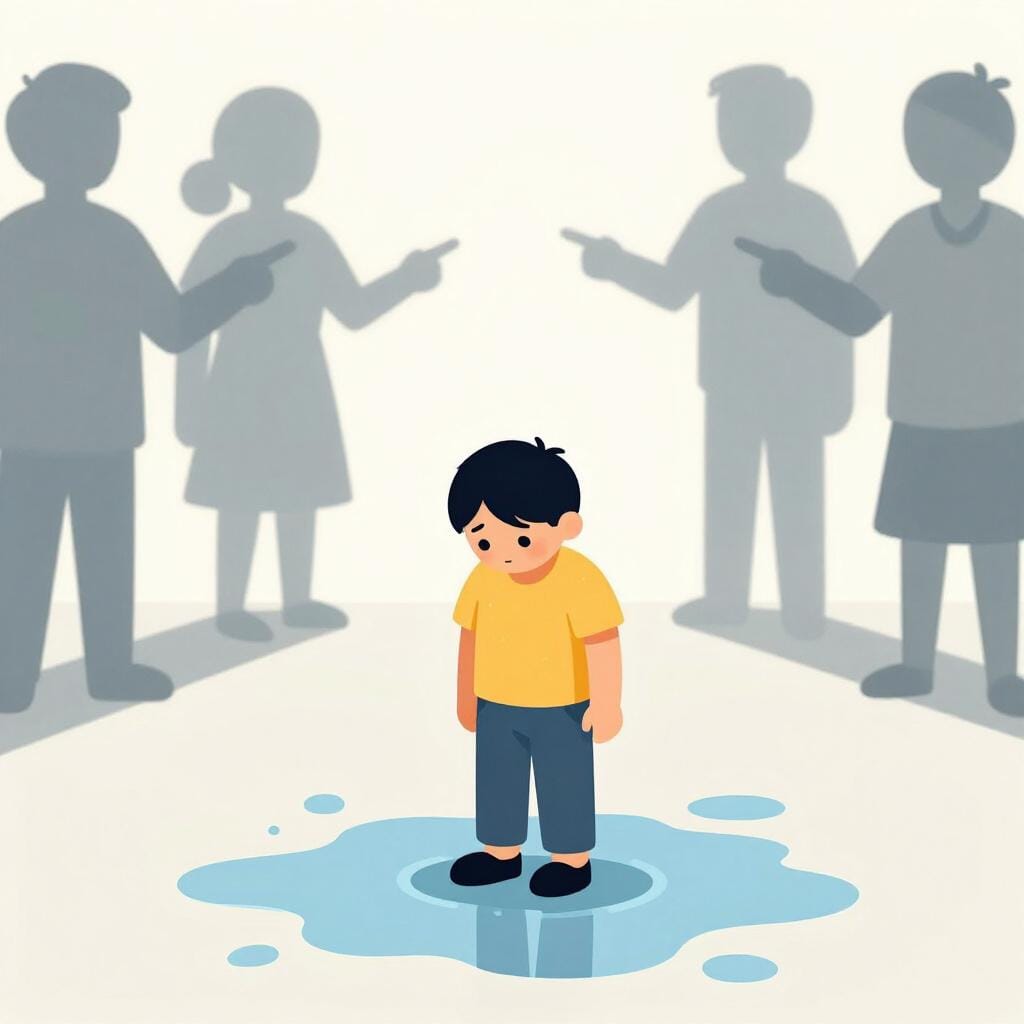 A person standing alone in the rain while others point and look away, representing a loss of dignity.