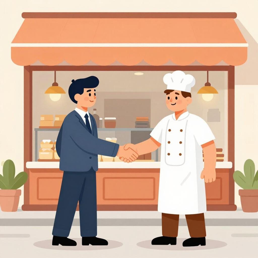 An entrepreneur in a suit happily shaking hands with a small business owner in front of a new factory.