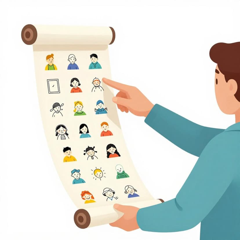 A colorful storybook illustration showing a person pointing at individual items on a long scroll to explain them one by one.