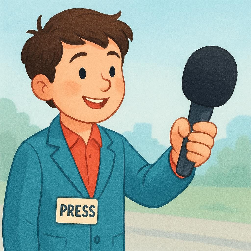 A cheerful reporter holding a large, simple microphone towards an unseen event, symbolizing media reporting.