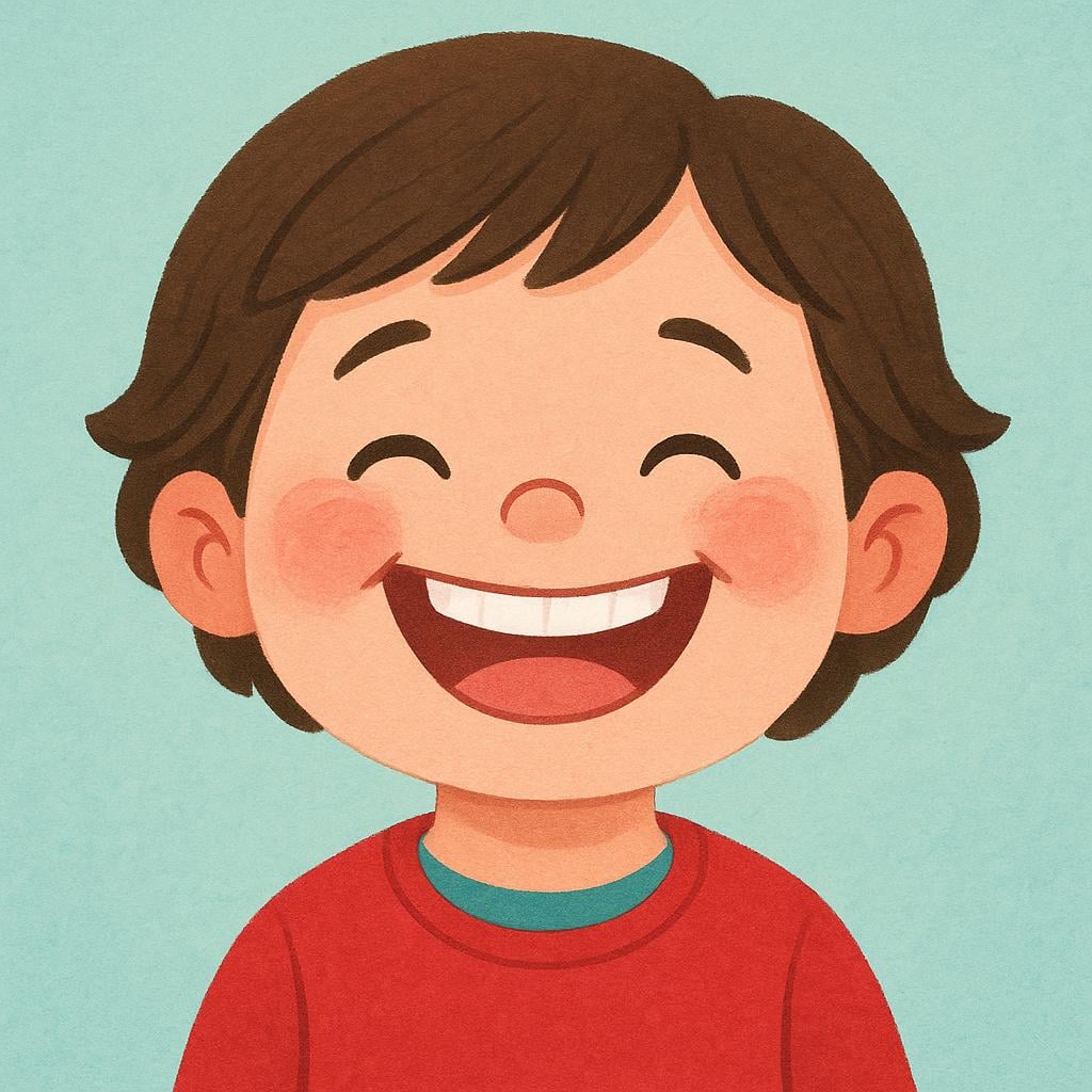 A cheerful child with messy hair makes a huge, broad, joyful grin, showing maximum enthusiasm.