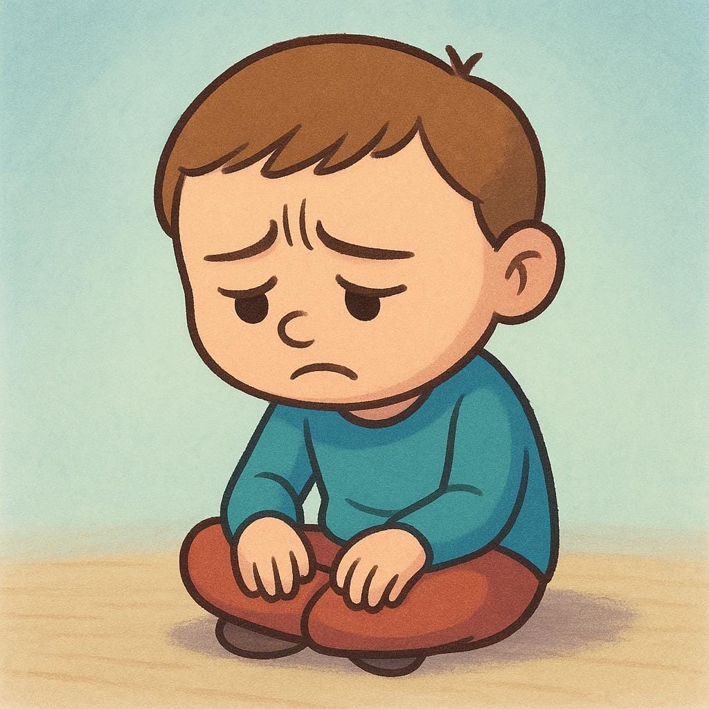 A simple cartoon character sitting alone, holding their chin with a deeply furrowed brow, depicting intense worry or anxiety.