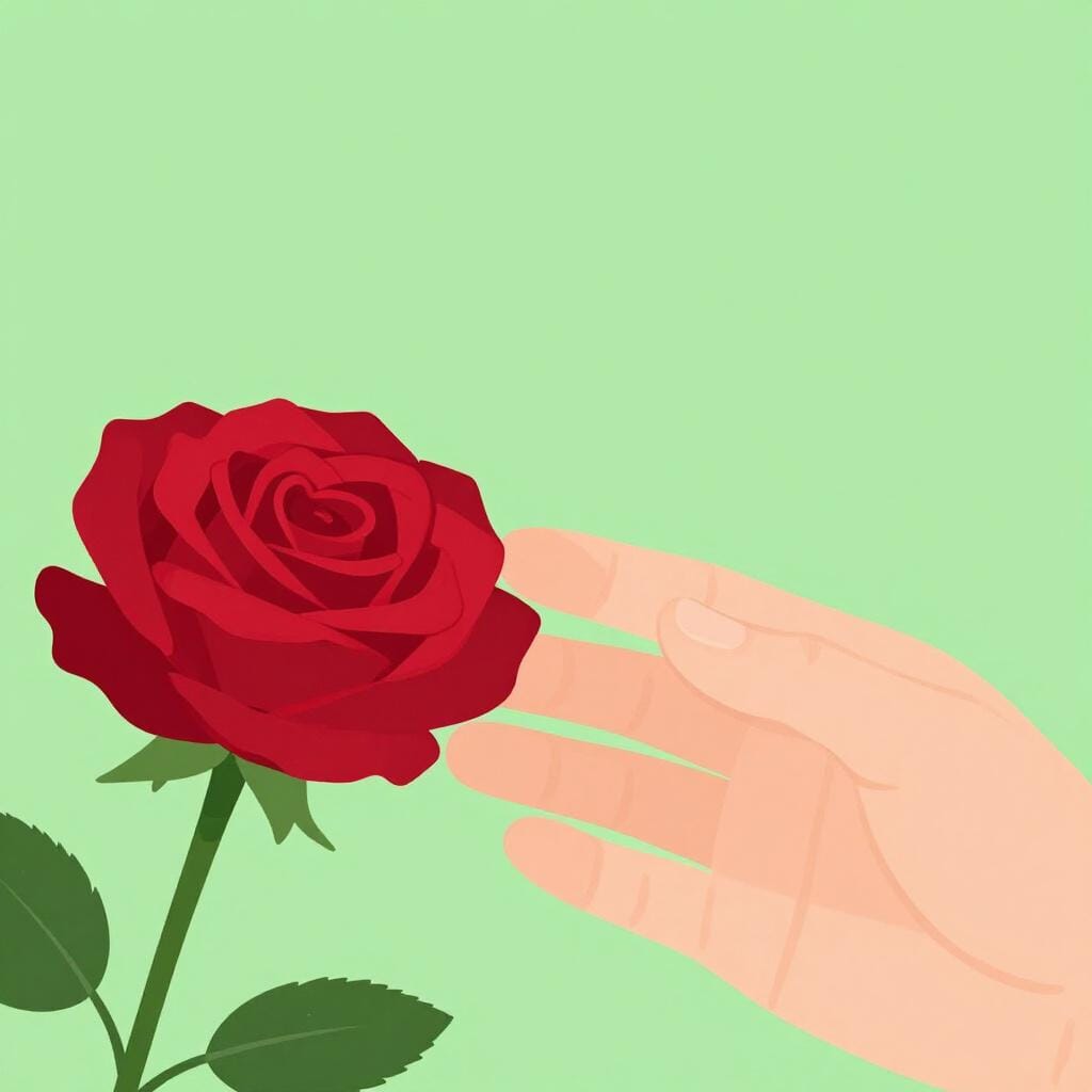 Een close-up illustratie van een hand die zachtjes de zachte bloemblaadjes van een levendige rode bloem aanraakt.