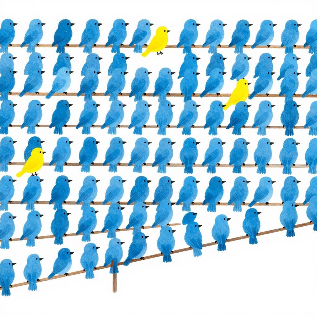 Un gruppo di molti uccelli blu con alcuni uccelli gialli sparsi tra loro.